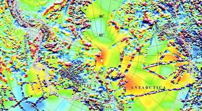Part of a map compiled using ADMAP (the Antarctic Digital Magnetic Anomaly Project) data