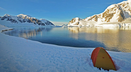 Tent next to lake in Antarctica