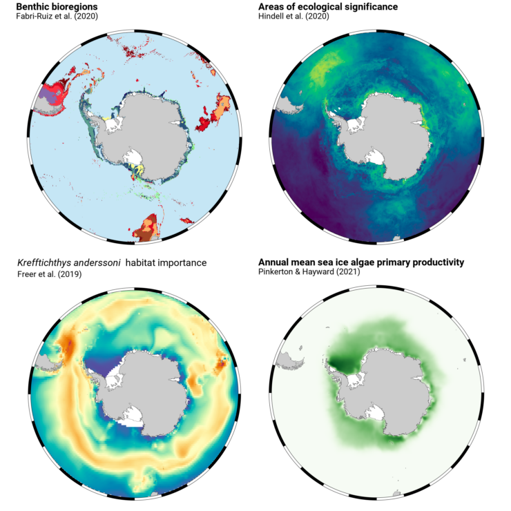 Four graphics of Antarctica done with the R package SOmap, displaying different layers of model outputs. 